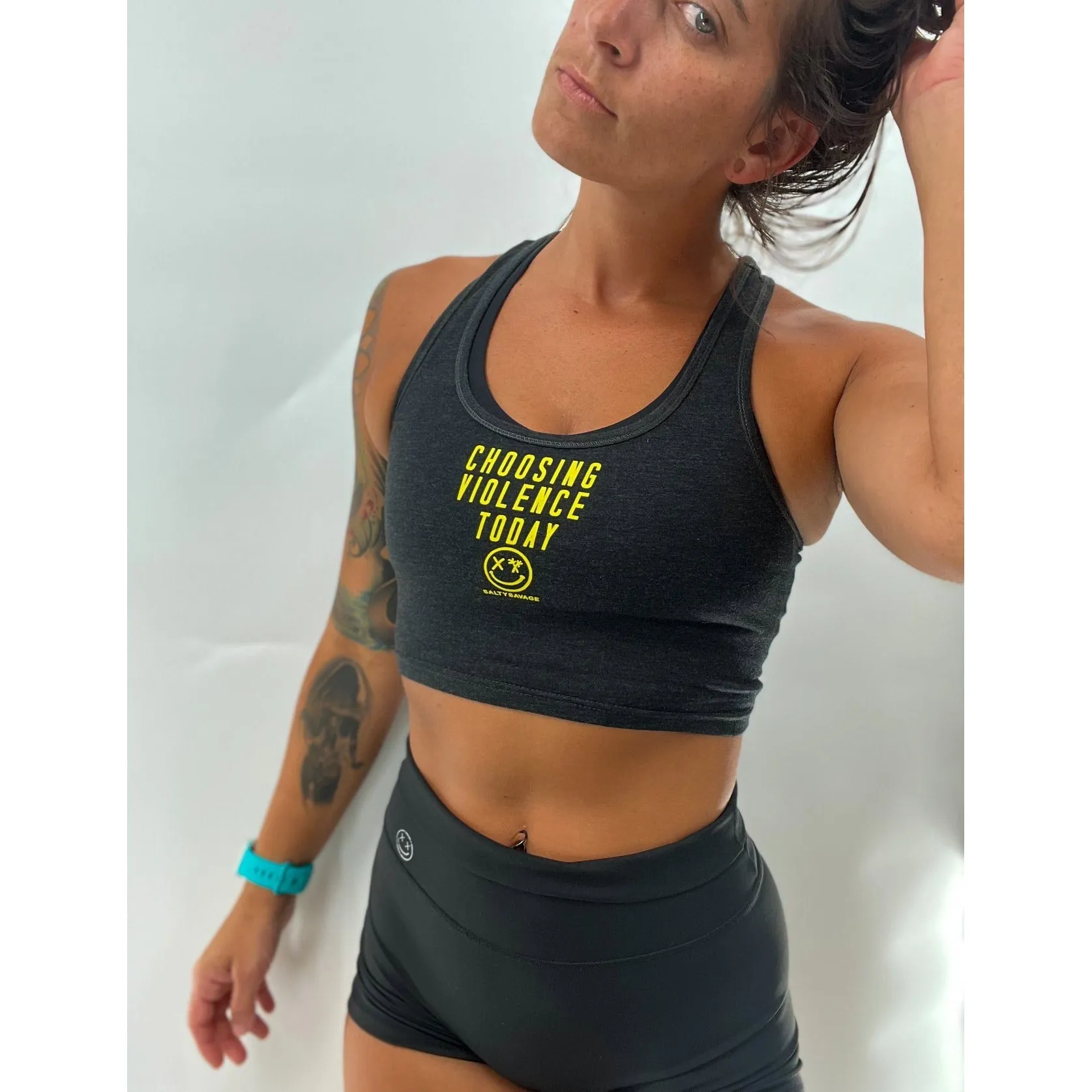 Salty Savage Ladies "CHOOSING VIOLENCE" Cropped Racerback Tank | Micro | Charcoal/Yellow