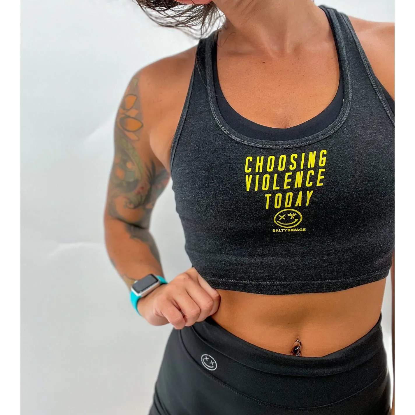 Salty Savage Ladies "CHOOSING VIOLENCE" Cropped Racerback Tank | Micro | Charcoal/Yellow