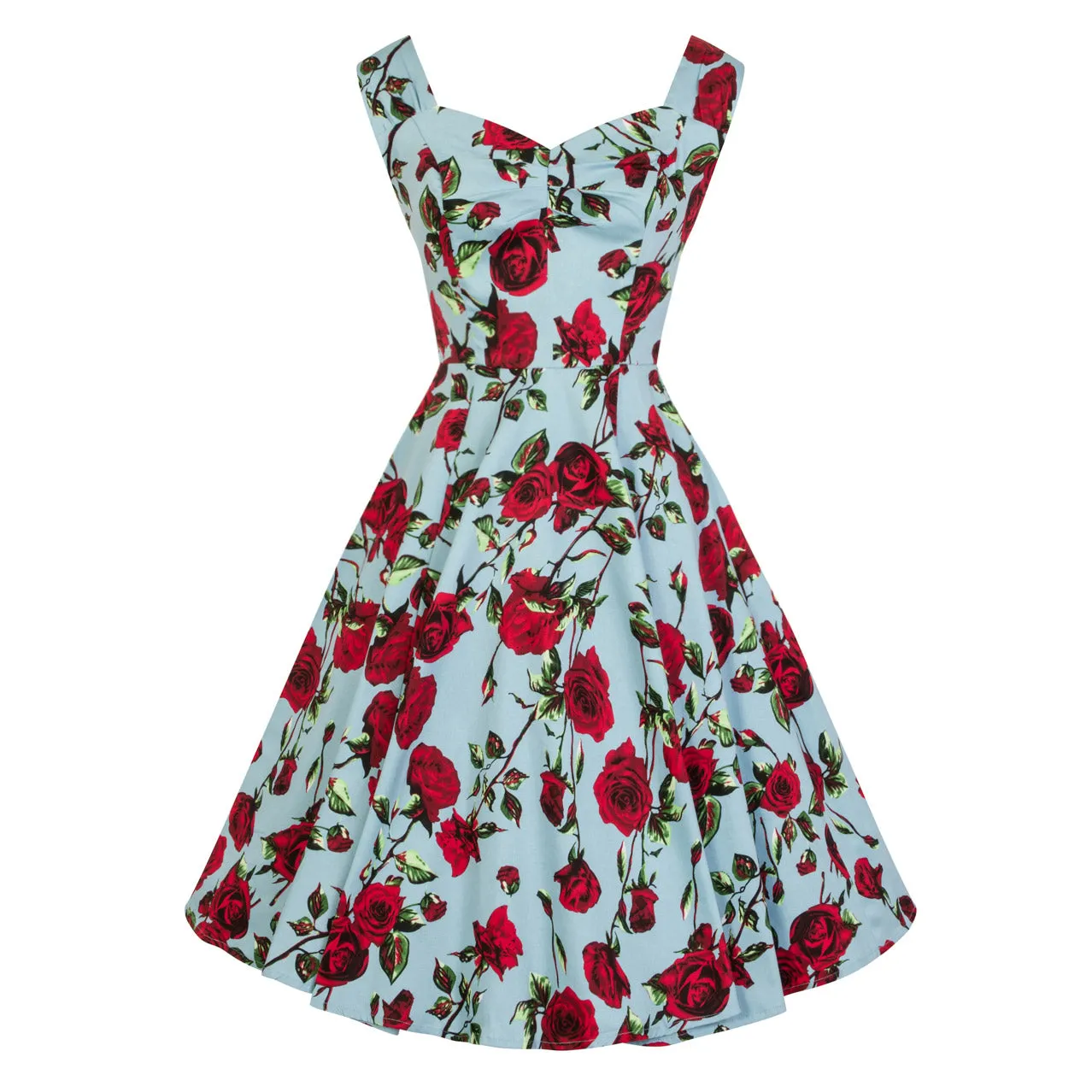 Sky Blue and Red Rose Floral Print Rockabilly 50s Swing Dress