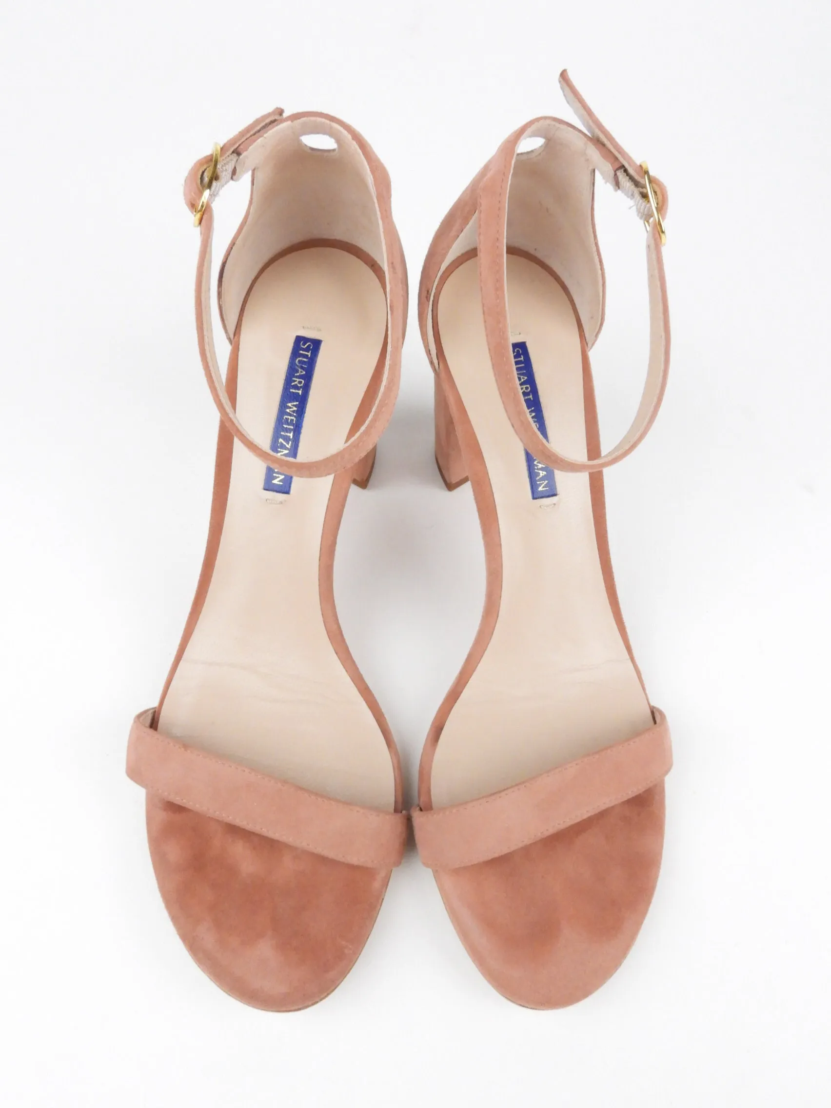 Stuart Weitzman Desert Rose Suede Leather Nearly Nude Block Heel Sandal - 8.5