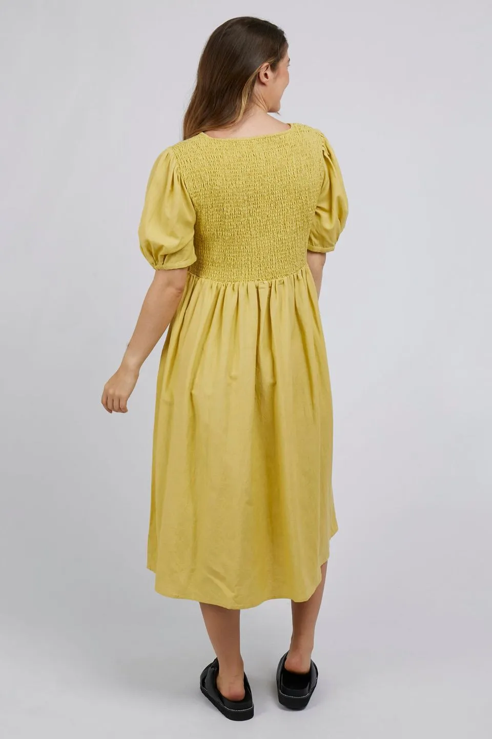 Lemon Yellow Puff Sleeve Midi Dress with Shirred Details