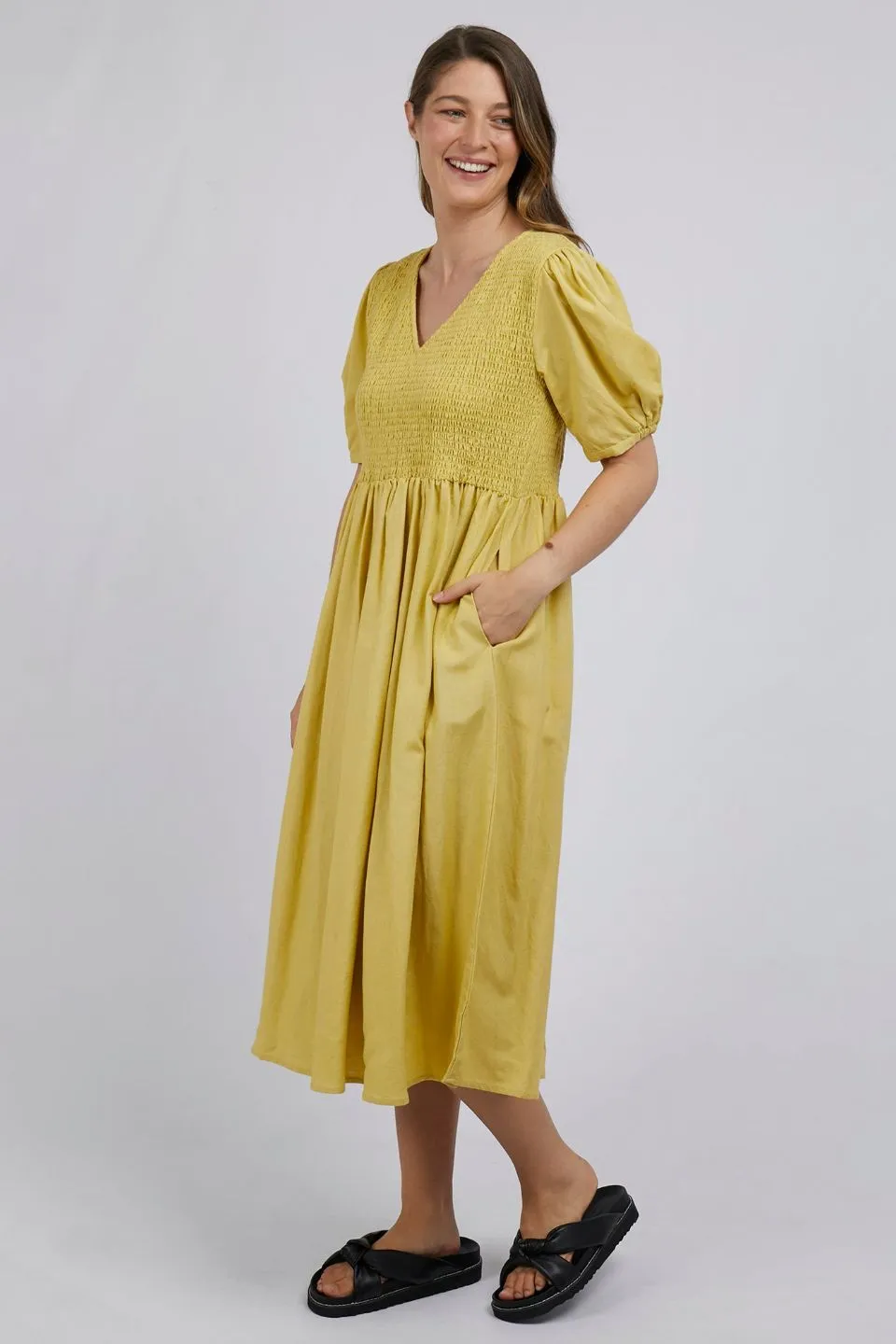 Lemon Yellow Puff Sleeve Midi Dress with Shirred Details