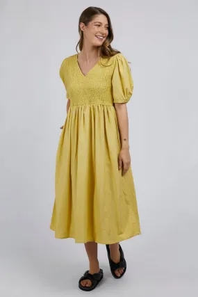 Lemon Yellow Puff Sleeve Midi Dress with Shirred Details