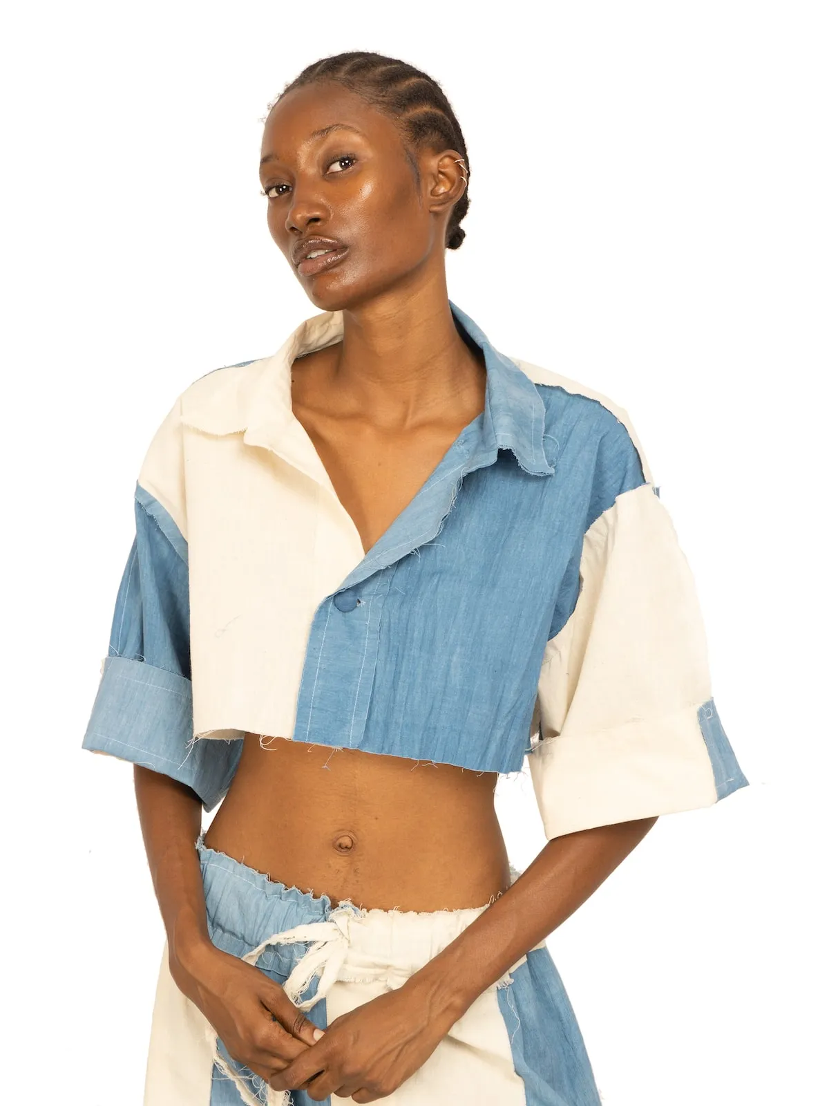 TIU x IAMISIGO Ivory & Sky-Blue Crop Top