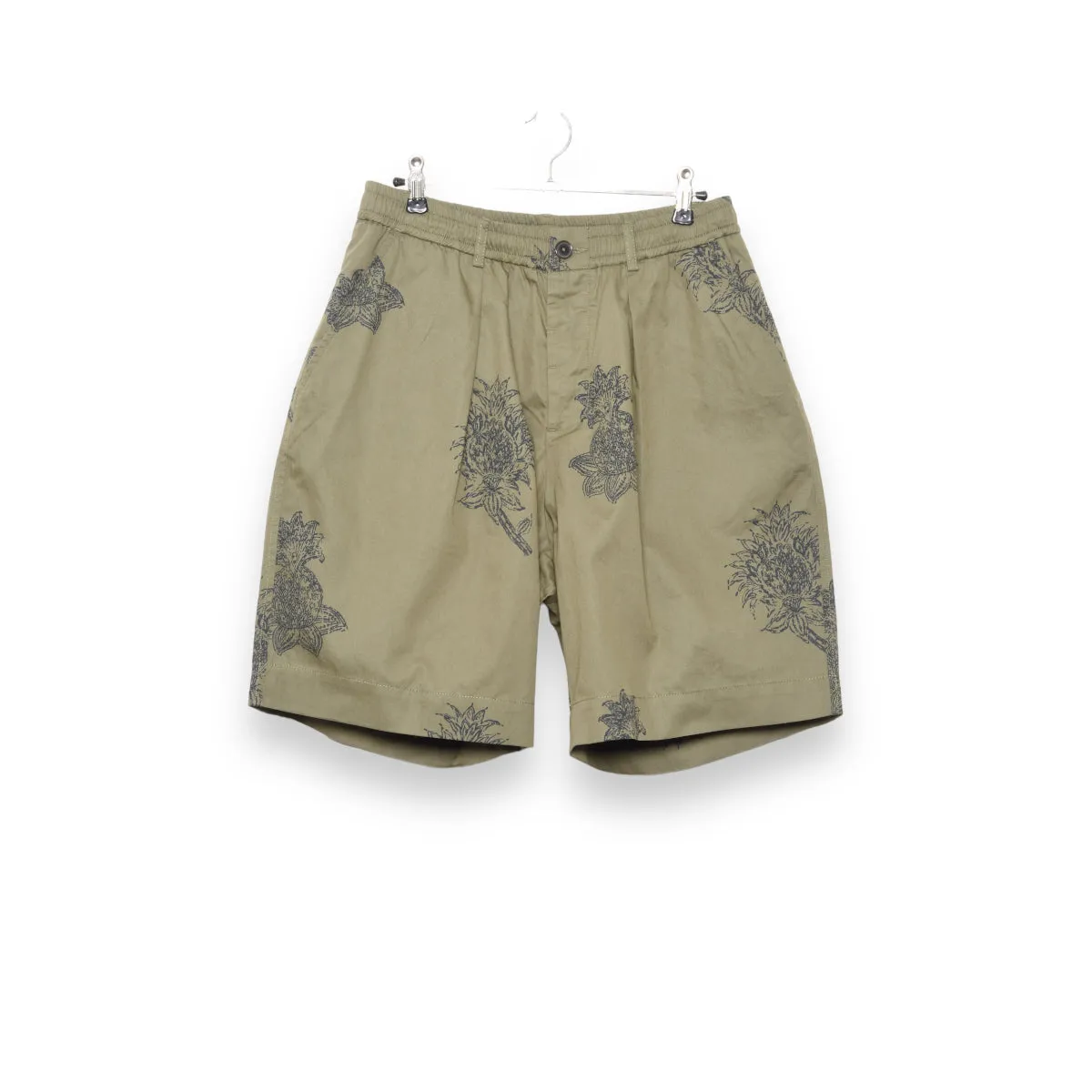 Universal Works Pleated Track Short block flower print olive P28026