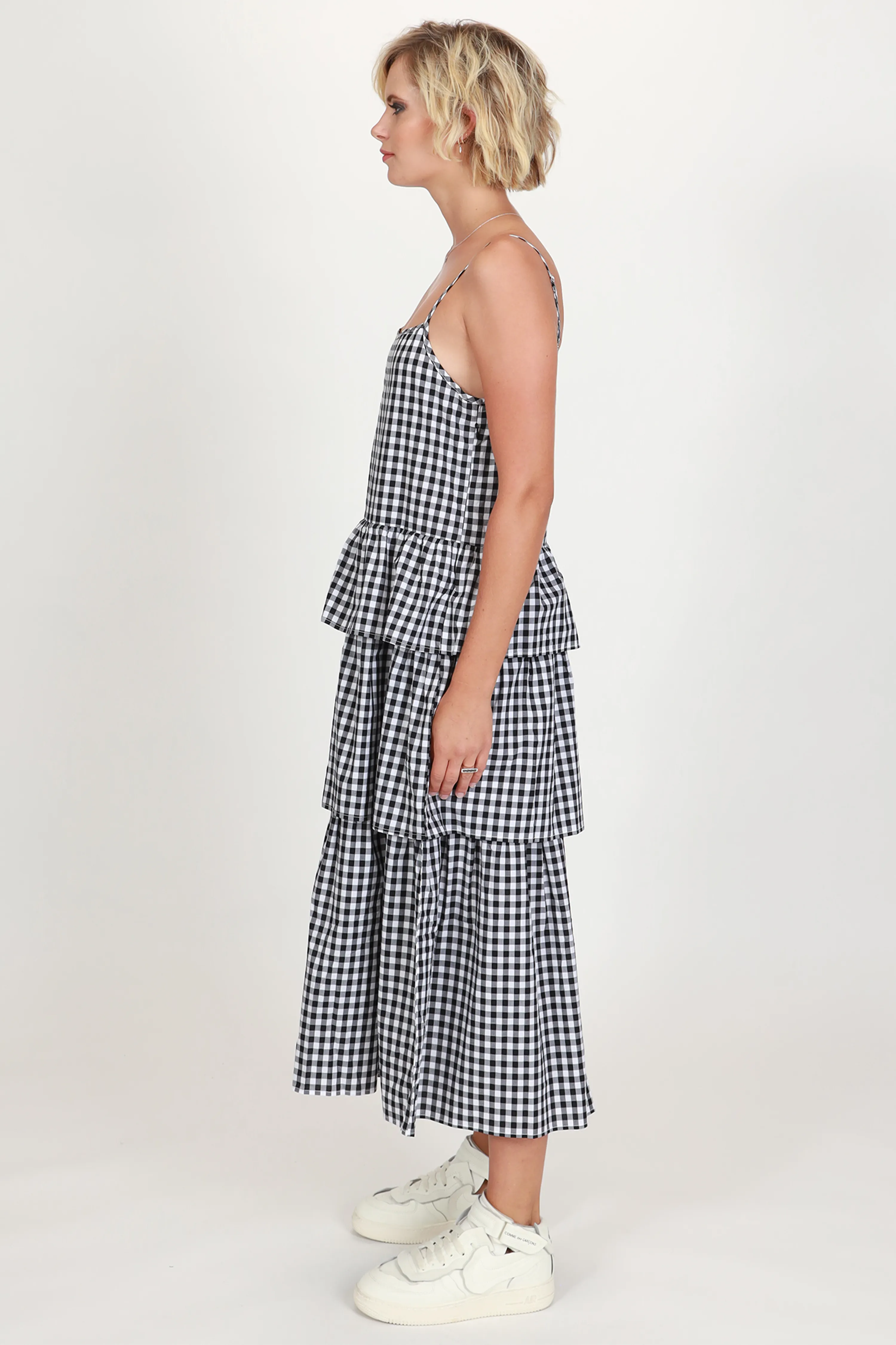 Willow Black   White Gingham Strappy Tiered Frill Midi Dress