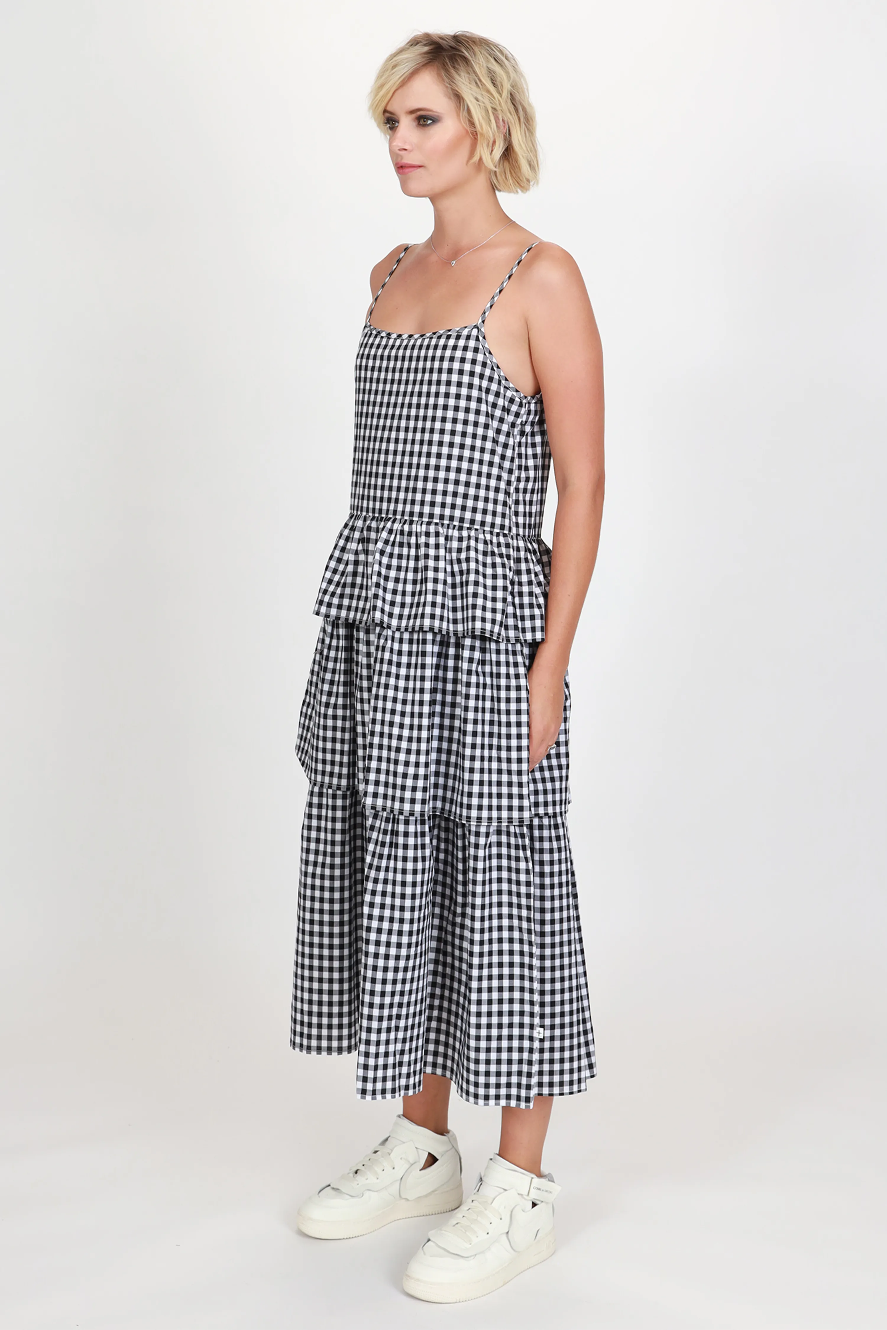 Willow Black   White Gingham Strappy Tiered Frill Midi Dress