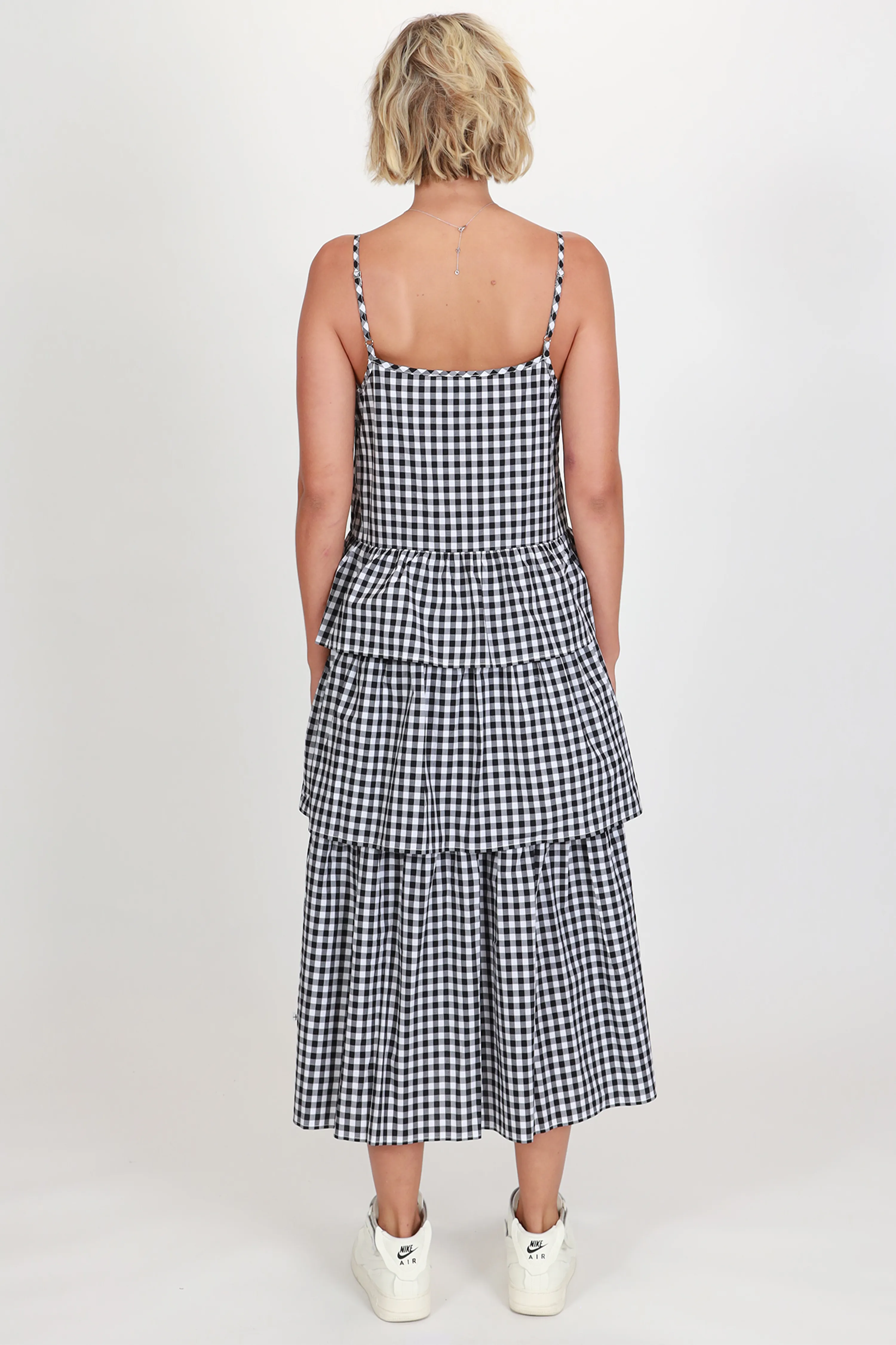 Willow Black   White Gingham Strappy Tiered Frill Midi Dress