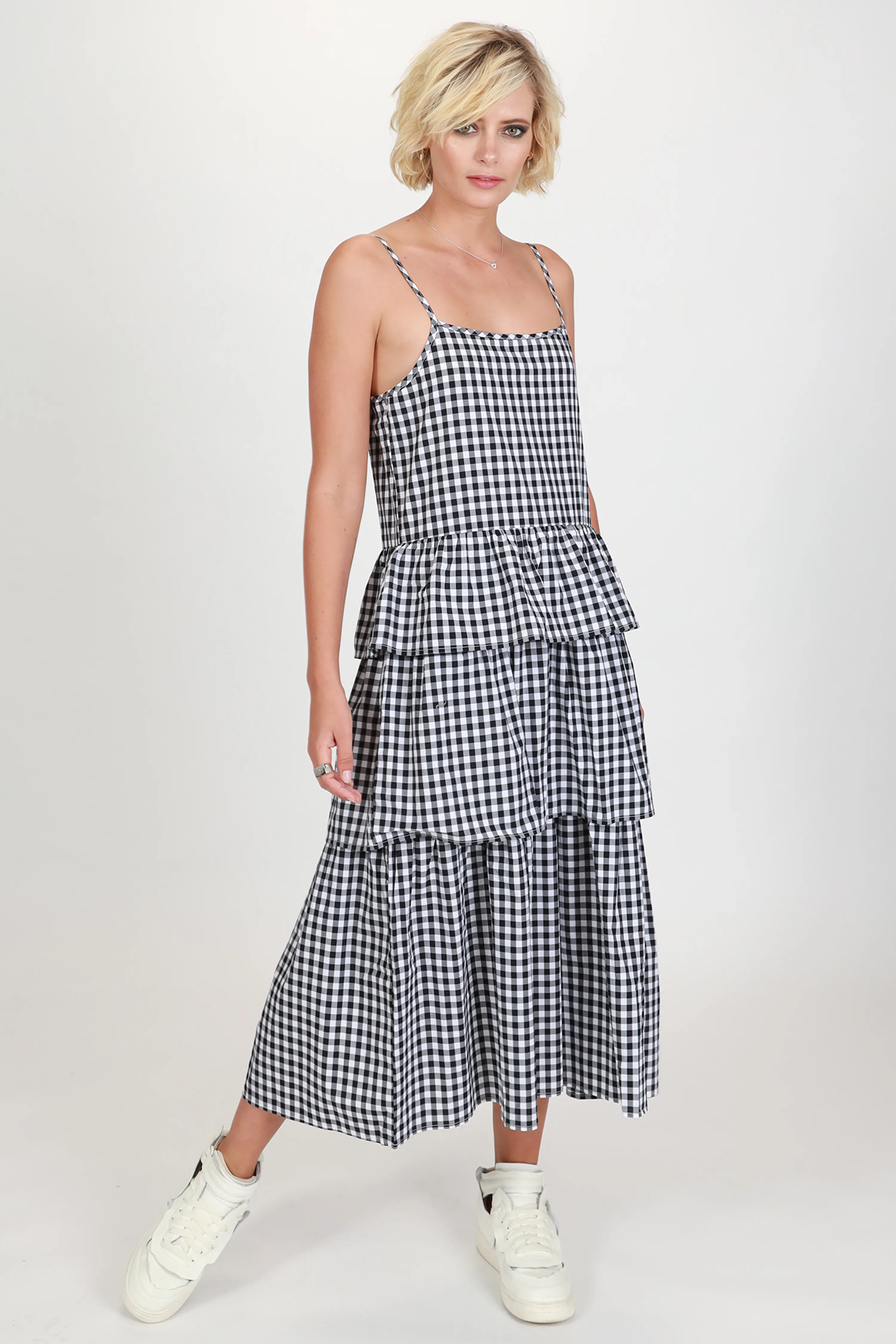 Willow Black   White Gingham Strappy Tiered Frill Midi Dress