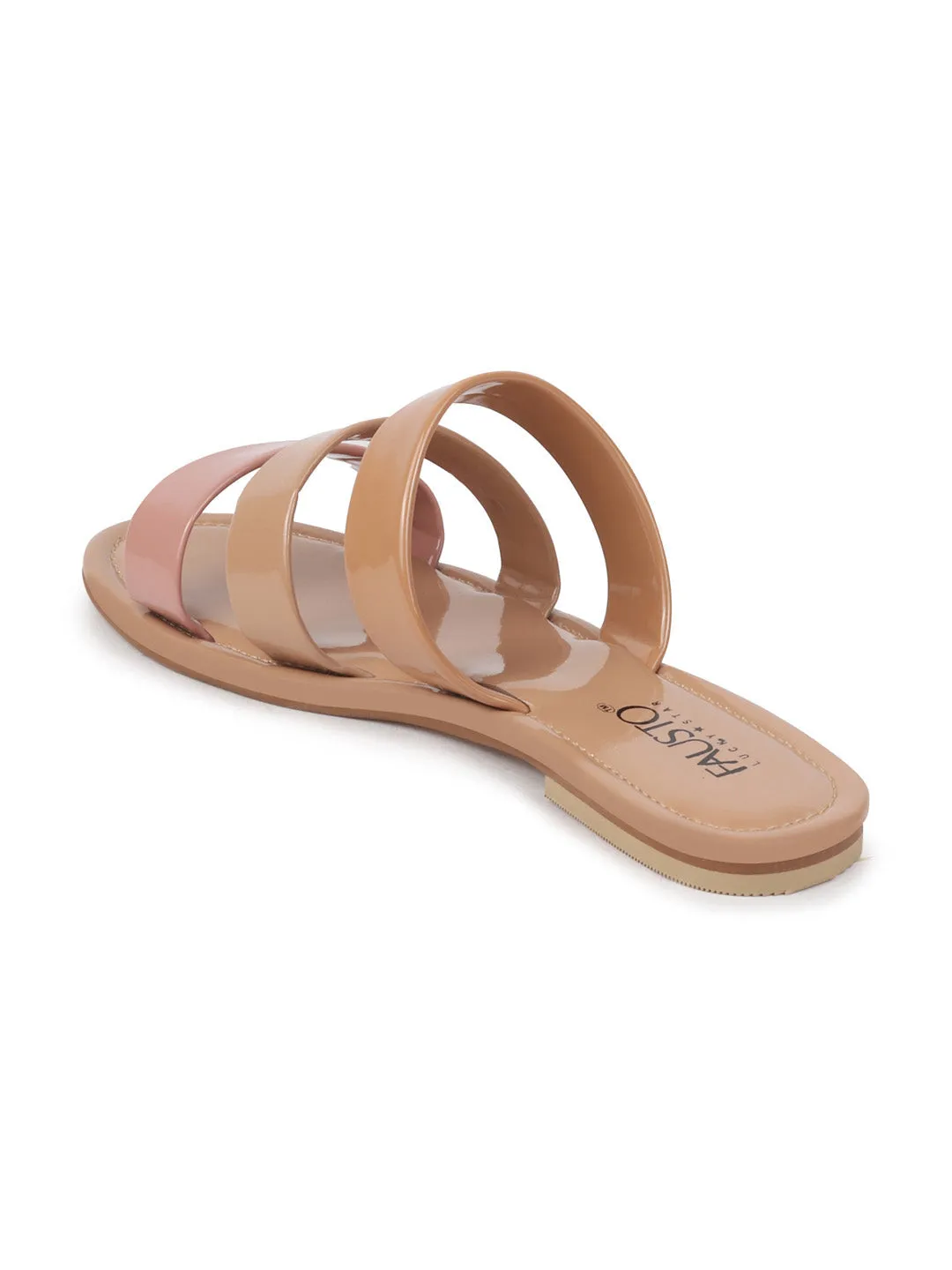 Women Beige Slip-On Casual Mullti Strap Open Toe Outdoor Patent Flats Slippers