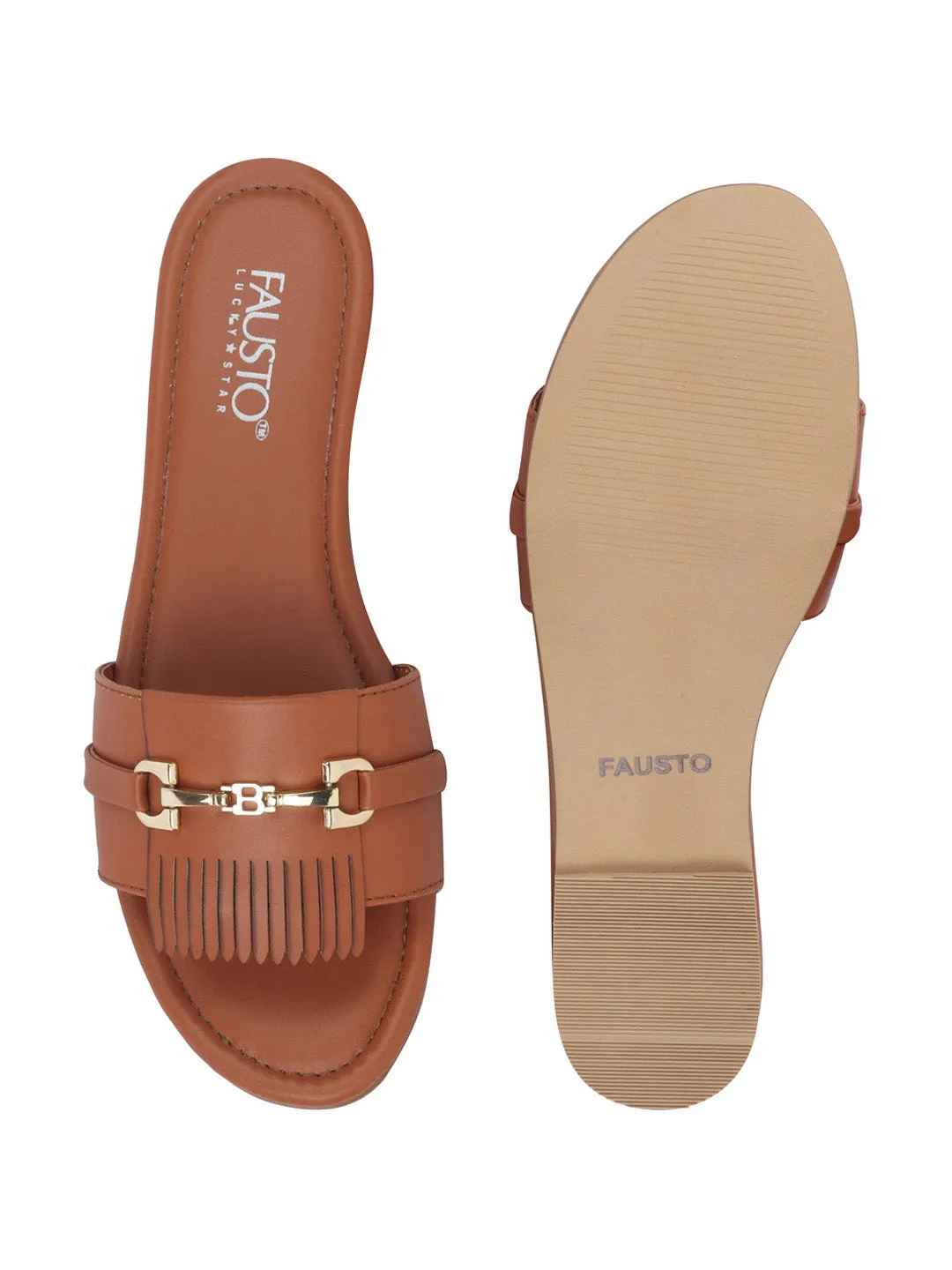 Women Tan Slip-On Casual Laser Cut Horsebit Buckle Open Toe Flats Slippers