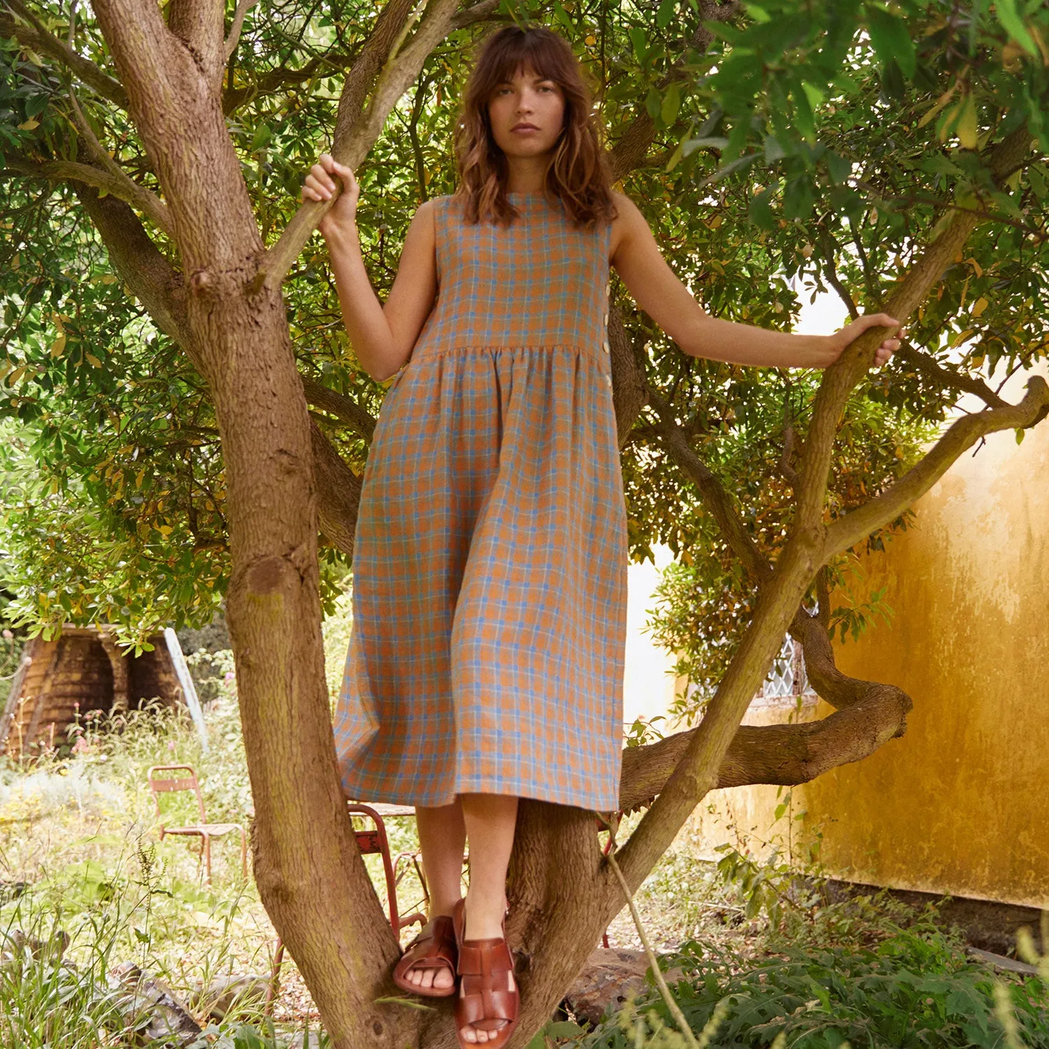 Womens Linen/Cotton Tally Dress - Orange Mix Check